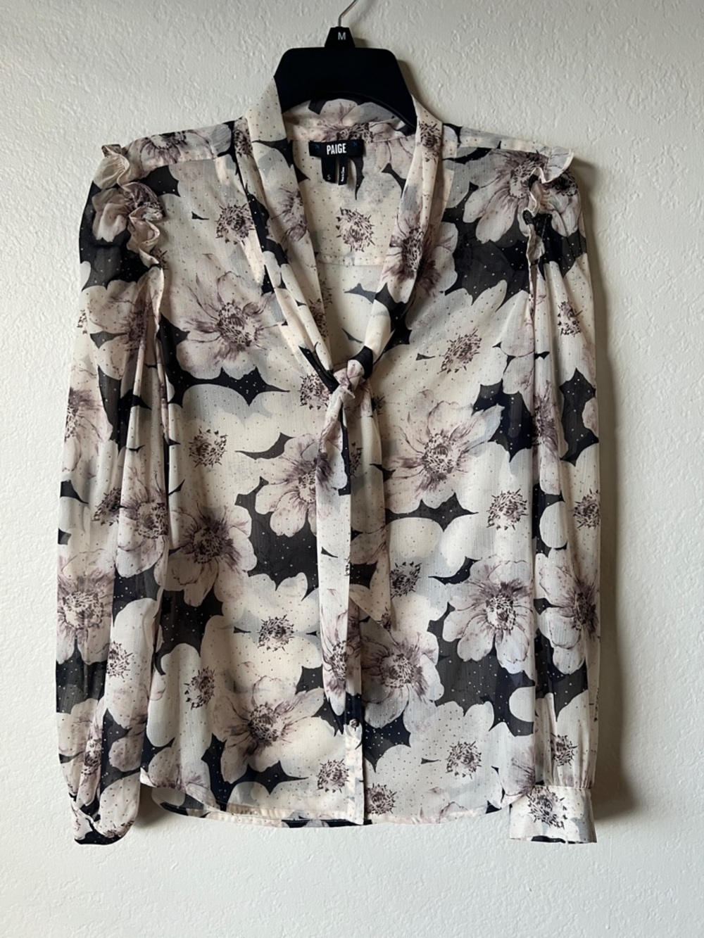 Like New! PAIGE Denim Giada Blouse Cream and Black Floral Tie-Neck in Size S - Picture 4 of 16